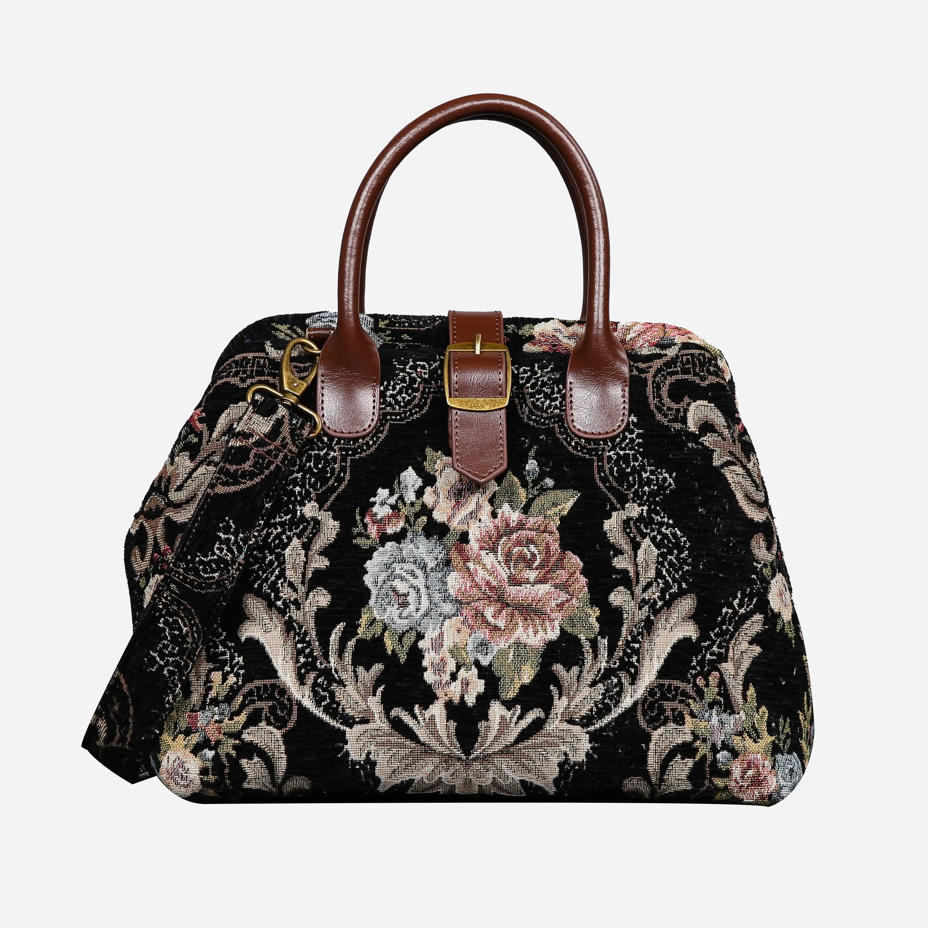 Floral Black Leather Brown Carpet Handbag Purse