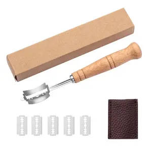 Wood Handle Bread Knife Stainless Steel Dough Divider, 1 Piece with 5 Blades and Cover, Ideal for Kitchen Baking Tools