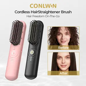 CONLWIN Cordless Hair Straightener Brush with Cool Air Long-Lasting Style, Portable Mini Travel Hair Straightener,2 in 1 Straightening & Curling Brush,for Thick Curly Hair, 350M Negative Ions for Frizz-Free, Quick Straightening,Gift for Women