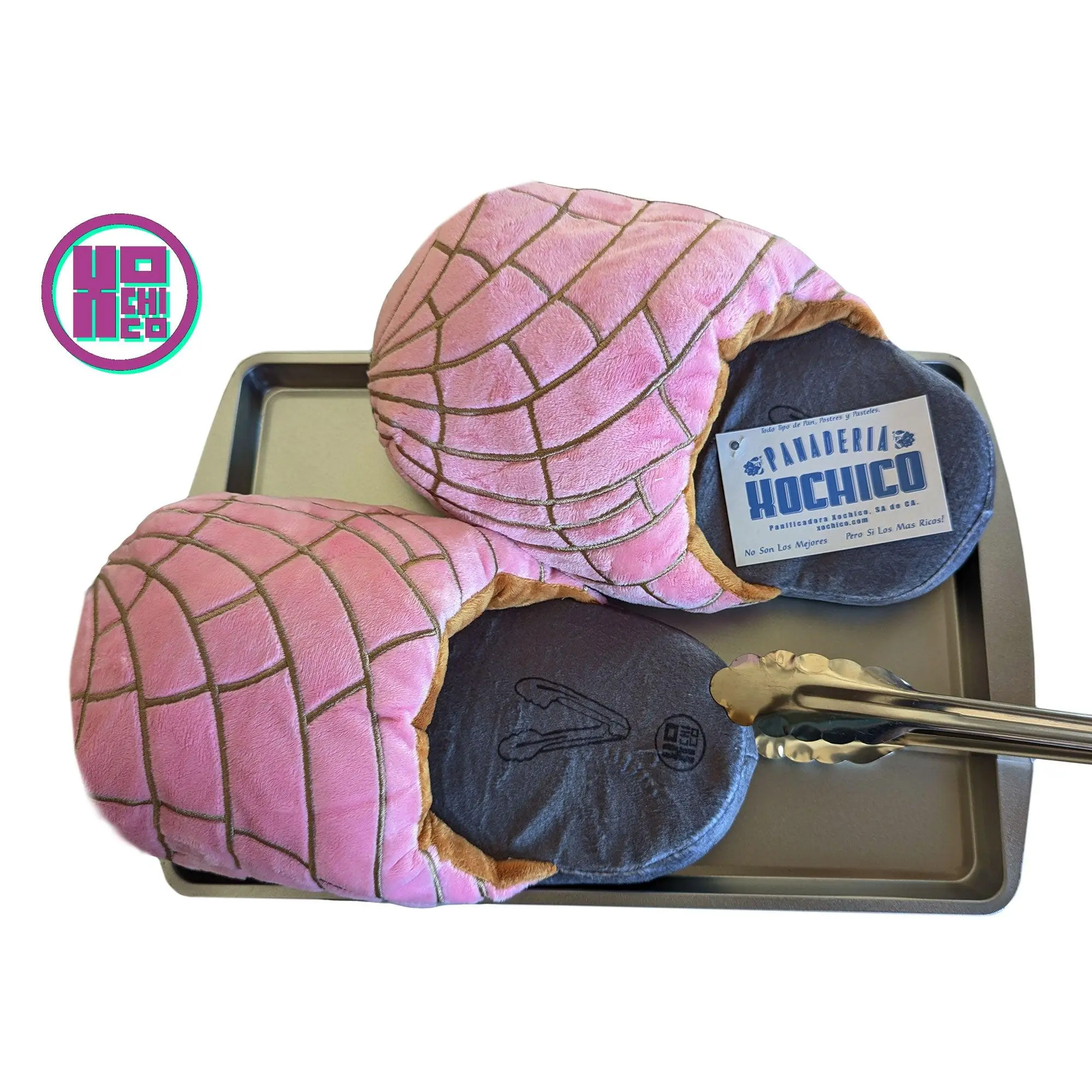 Xochico Original Pan Dulce Company™ PANtuflas Plush Slippers - Unisex Gray Charola Baking Tray with Tenazas - S/M & L/XL Sizes