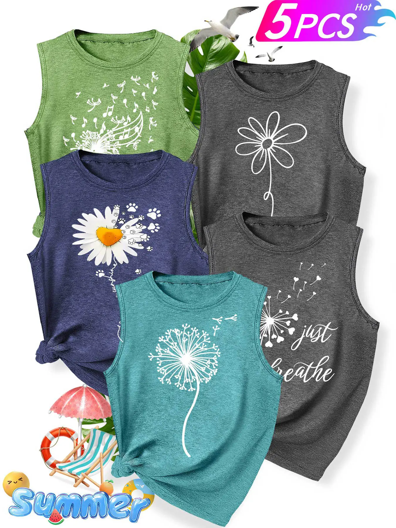 Women's 5-Piece Crew Neck Tank Top Leisure Sleeveless, Daisy & Dandelion Line Art with Cat Paw Print, Multiple Colors Available, Machine Washable, Spring & Summer Top, Soft Skin-Friendly Fabric, Daily Versatile, Fashion Design