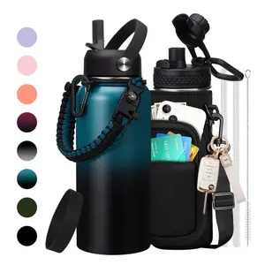 32oz Insulated Stainless Steel Water Bottle, Gallon Flask Water Bottle - Big Water Jug with Straw & Spout Lid, Paracord Handle, Carrier Bag, 32/40/64/128oz