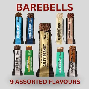 BareBells Protein Bars - 1 Each of 9 Assorted Flavours Including Chocolate Dough Banana Caramel White Chocolate Almond Minty Chocolate Cookies and Caramel Salty Peanuts Creamy Crisp Cookies and Cream Caramel Cashew