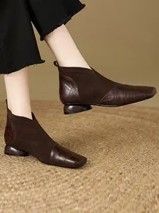 Vintage British Style Chunky Heel Short Boots, Textured Leather Velvet Patchwork, Tall Women's Shoes for Fall & Winter, Block Heel Boots