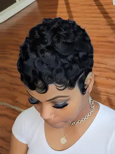 pixie Human Hair Pixie Cut Wig  Short Curly Wavy Wig with Bangs, Density Natural Black Color, Rose Net Cap for Women, Elegant Style for Daily Use, Short Hair Wig, Stylish Hairpiece, Kinky Curly Wig