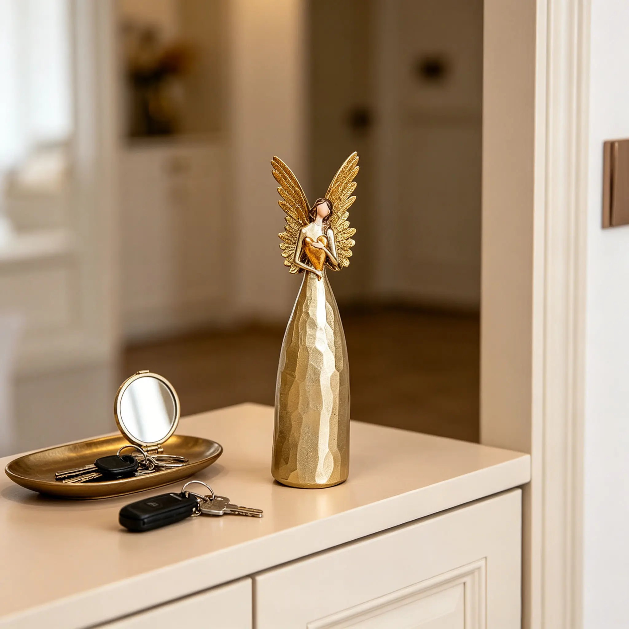 Sangeren 7-in Metallic Gold Guardian Angel Figurine, Hammered Texture Polyresin Statue, Religious Home Decor Ornaments, Baptism Sympathy Gift with Box, All Seasons Tabletop Accent, Altar Displays