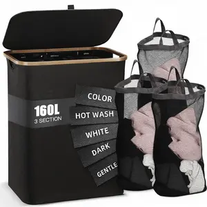 Extra Large 160L Laundry Hamper with Lid | 3-Section, Sturdy Handle | Home Dirty Clothes Organizer