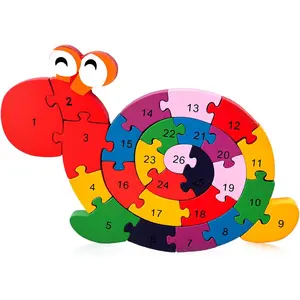 P-ITC044   Wooden Alphabet Snail Jigsaw Puzzles, Montessori Letters Numbers Building Blocks, Educational Learning Toys for Kids Preschool Activities