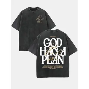 1pc Retro Washed Double Sided Printed T-Shirt, 'GOD HAS A PLAN' Letter Graphic Tee, 230g Pure Cotton, Slightly Cropped, Crewneck, Distressed Streetwear, Men's Casual Comfortable Fashion Tops Smooth Fabric Seamless Soft Tshirt graphic tee t shirt