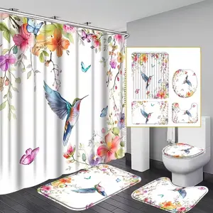 1/4pcs Hummingbird Floral Pattern Shower Curtain Set, festive design, Bathroom Supplies, Bathroom Decoration Accessories, includes non-slip mat, U-shaped rug, toilet seat cover, Perfect for bathroom décor, Comes with 12 shower curtain hooks
