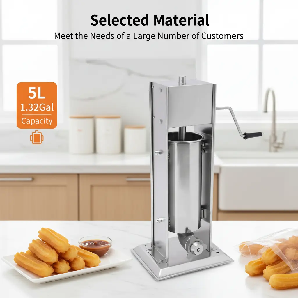 1*Manual Churros Fried Dough Maker - 5L Stainless Steel, 6 Nozzles, Hand Crank Arm, 12kg Capacity, Countertop Model for Bakery Canteens Use
