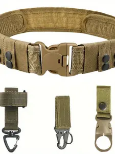 4-Piece Men's Tactical Belt Set, Durable Oxford Webbing, Quick-Release Buckle, Storage Clip, Key Ring, Water Bottle Holder, Ideal for Outdoor Hunting