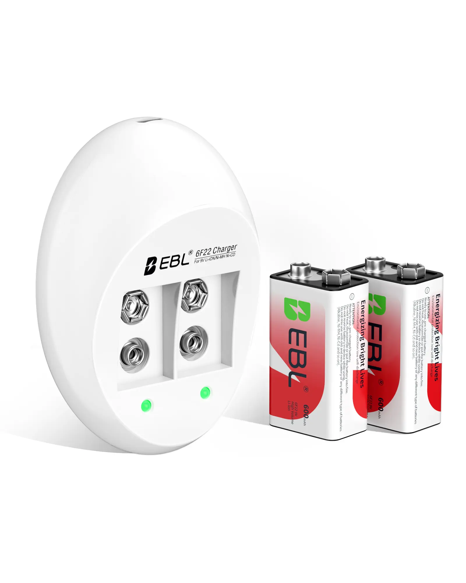 EBL Complete Charger Bundle, Includes 2 Pack High Capacity 600mAh 9 Volt Rechargeable Lithium Cells & Matching Dedicated 9V Battery Charger