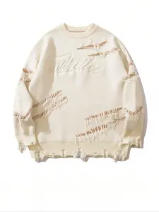 Men's Regular Fit Letter Embroidery Raw Hem Ripped Drop Shoulder Stylish Sweater, Casual Soft Comfy Long Sleeve Round Neck Jumper For Fall & Winter, Men's Knitwear Top For Daily Wear