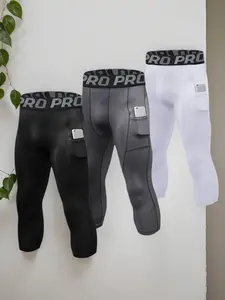 PRO Men's 3 Pack Compression Leggings 3/4 Capri Pants High Waist Sport Tights Quick Dry Yoga Gym Activewear with Letter Tape Pocket Joggers