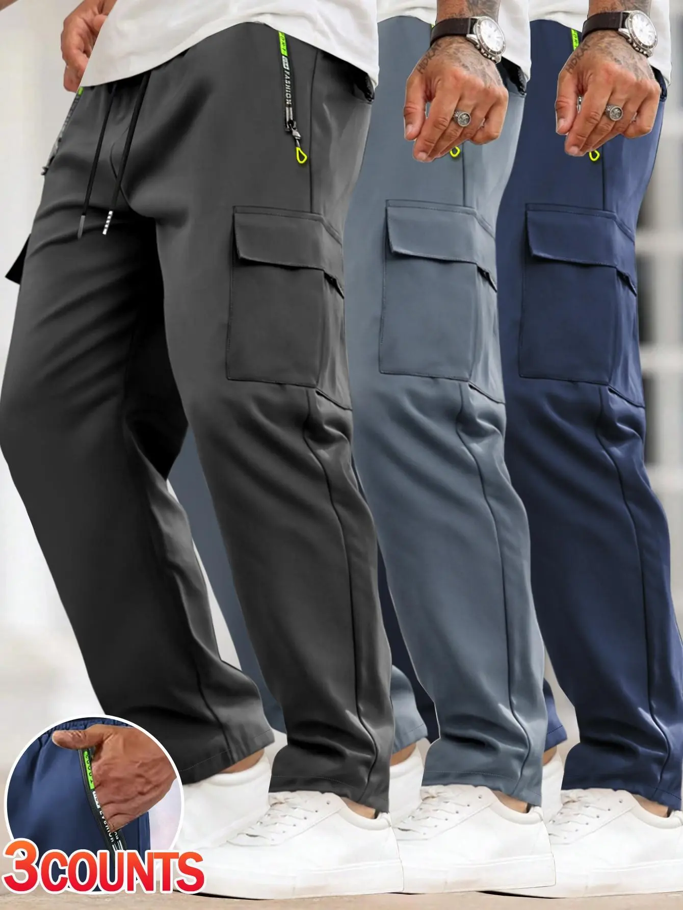 Men’s Plain 3-Pack Summer Lightweight Cargo Pants - Drawstring Elastic Waist, Multiple Zipper & Large Side Pockets, Breathable Regular Fit Activewear for Outdoor Work, Athletic Clothes