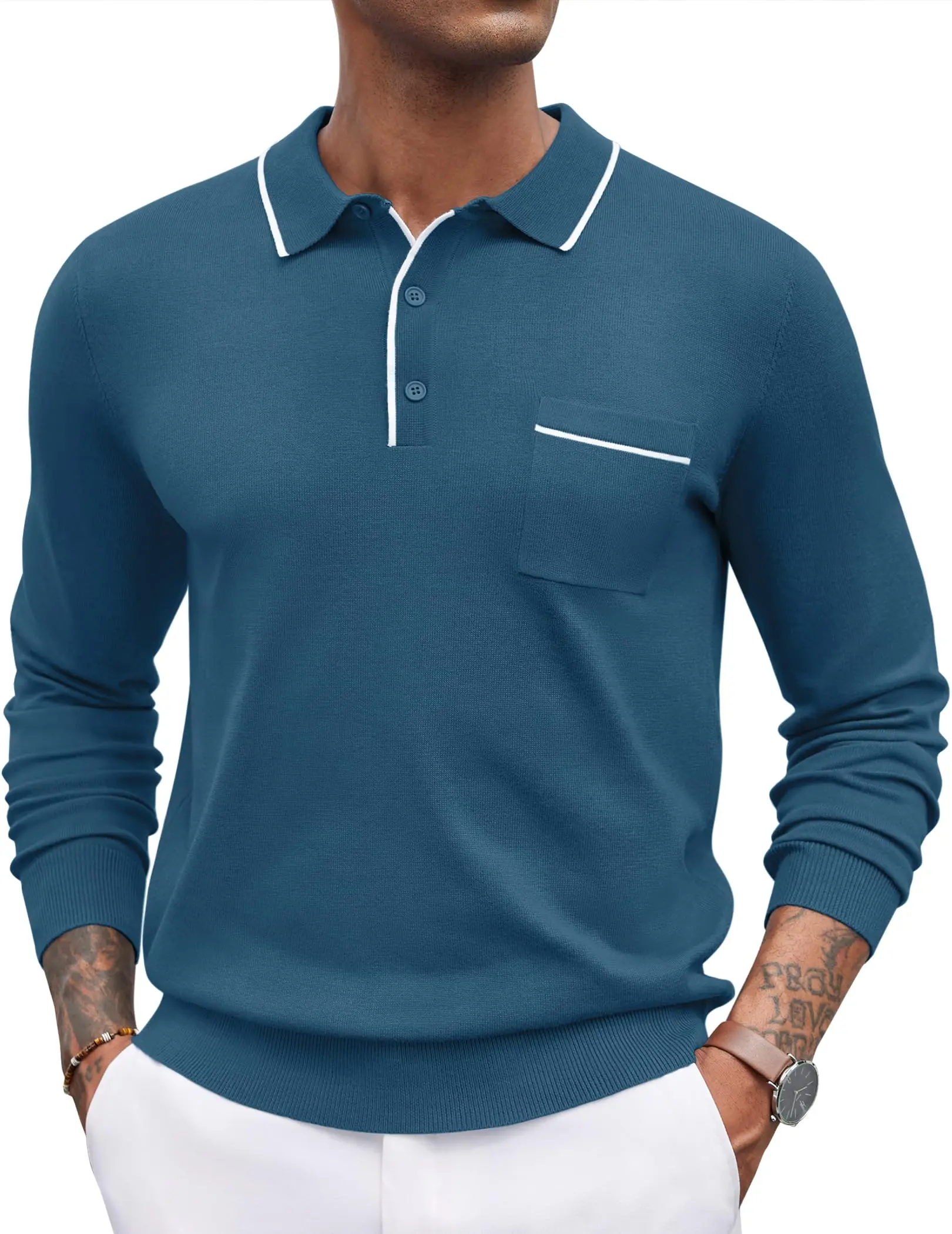 COOFANDY Knitted Long Sleeve Polo Men Banded Bottom Collared Sweaters Vintage Polo Sweater 2024 Winter Fashion Polo Army Green