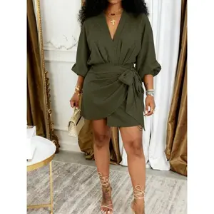 Women’s flat-waist belted V-neck dress with side wrap detail, elegant bishop-sleeve mini dress, suitable for parties, holidays, and wedding guests; women’s clothing for all seasons GARMENTARY