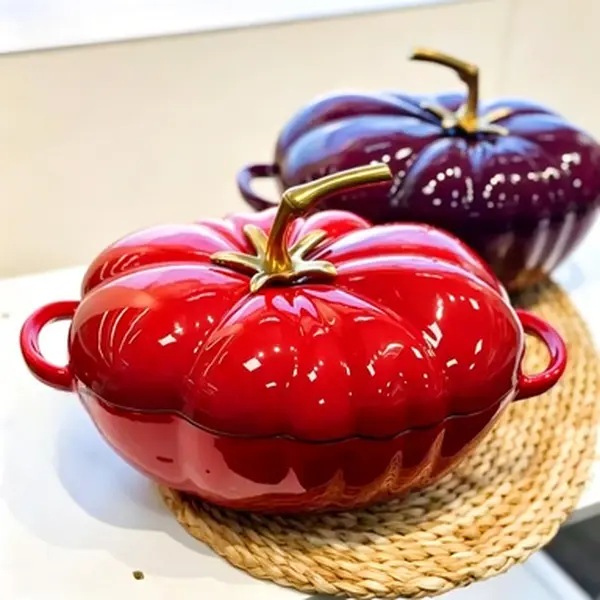 Lemon Yellow 25cm Enamel Finish Cast Iron Tomato-Shaped Dutch Oven - Non-Stick Cookware Pots, Oven-Safe, With Lid, For Stew, Home Cooking, Compatible With Gas/Induction Cooktops
