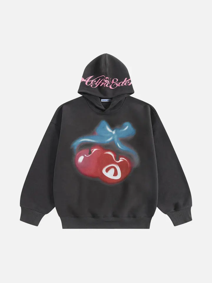 Aelfric Eden Unisex Oversized Boxy Cherry Pattern Pullover Hoodie Washed Hoodie Vintage Streetwear Trendy Y2k Hooded Pullover Tops