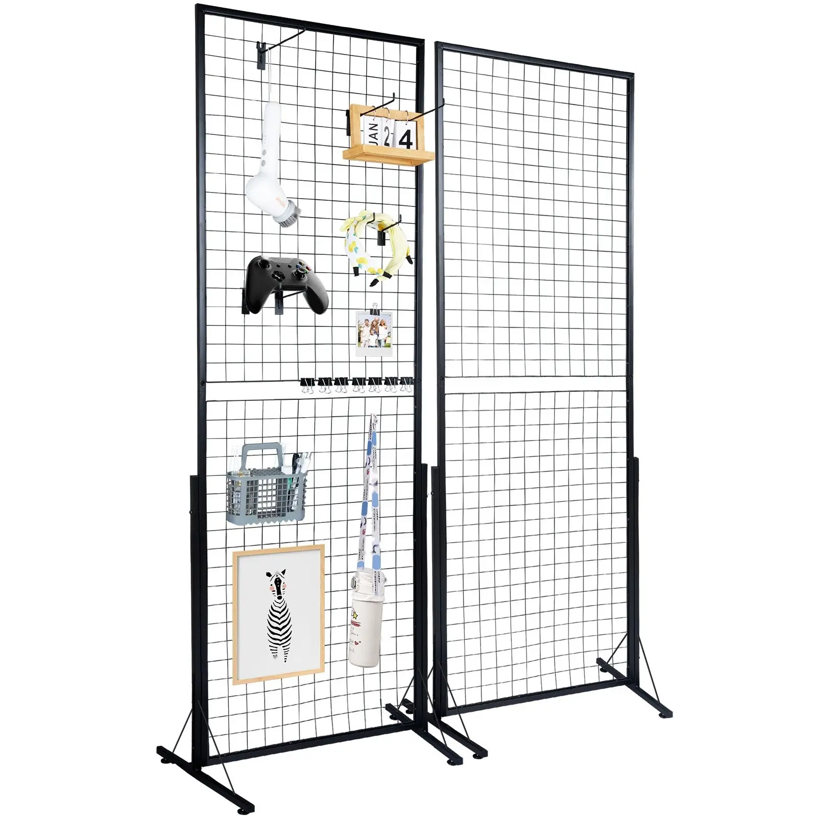 2 X 5.6 Foot Grid Wall Panels Tower, Two Packs Wire Gridwall Display Racks With T-Base Floor Standing, Double-Sided Gridwall Panels For Art Fairs And Craft Shows, Retail Display With Extra Clips And Hooks For Merchandising