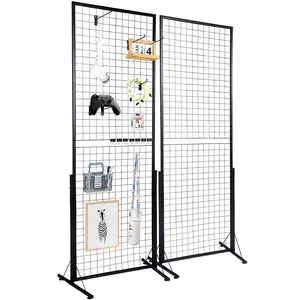 2 X 5.6 Foot Grid Wall Panels Tower, Two Packs Wire Gridwall Display Racks With T-Base Floor Standing, Double-Sided Gridwall Panels For Art Fairs And Craft Shows, Retail Display With Extra Clips And Hooks For Merchandising