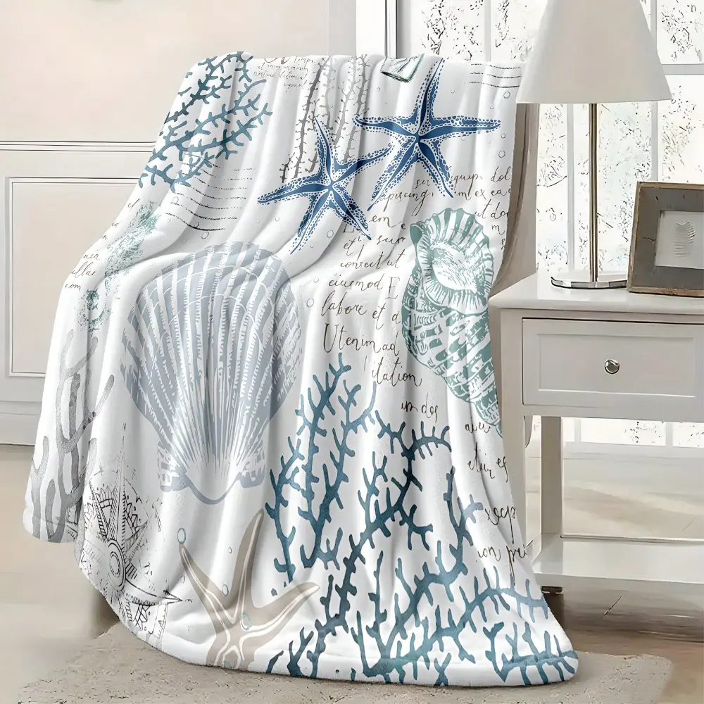 Unisex Flannel Throw Blanket - Ocean Theme Shell Coral Design, Soft Cozy Lightweight, Valentine Romance Gift, Nautical Bedding for Couples (Flannel Blankets for Beach Vacations)
