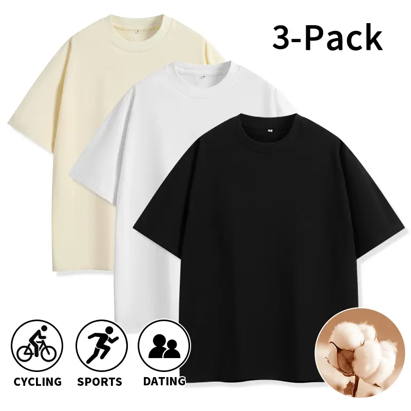 3-Pack Men’s Pure Cotton Plain Crew Neck T-Shirts, Solid Color, Oversized Short Sleeves, Comfortable Tops for Any Occasion