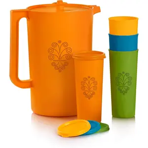 Traditional Retro Series, Retro Color Water Pitcher and 4 Glass Cup Set, Dishwasher Safe and BPA Free