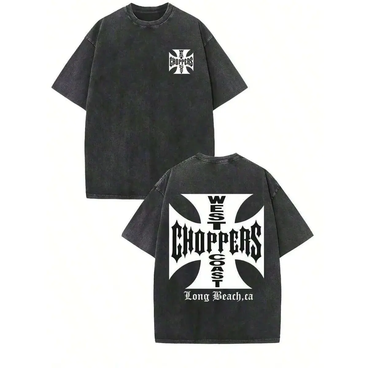 Double Side West Coast Choppers Long Beach Iron Cross Logo Washed Black Crew Neck Short Sleeve Unisex Top, Casual Daily Outfit T-Shirt For Chopper Bike Fans Men And Women