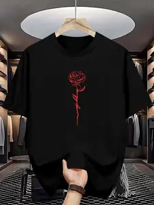 Red Line Art Rose 100% Cotton Graphic T-Shirt – 2D Print, suitable for sports, travel and everyday wear, regular fit, knit fabric, suitable for everyday wear, makes a great gift.Graphic tee,90s graphic tees,men's t shirts,funny graphic tee