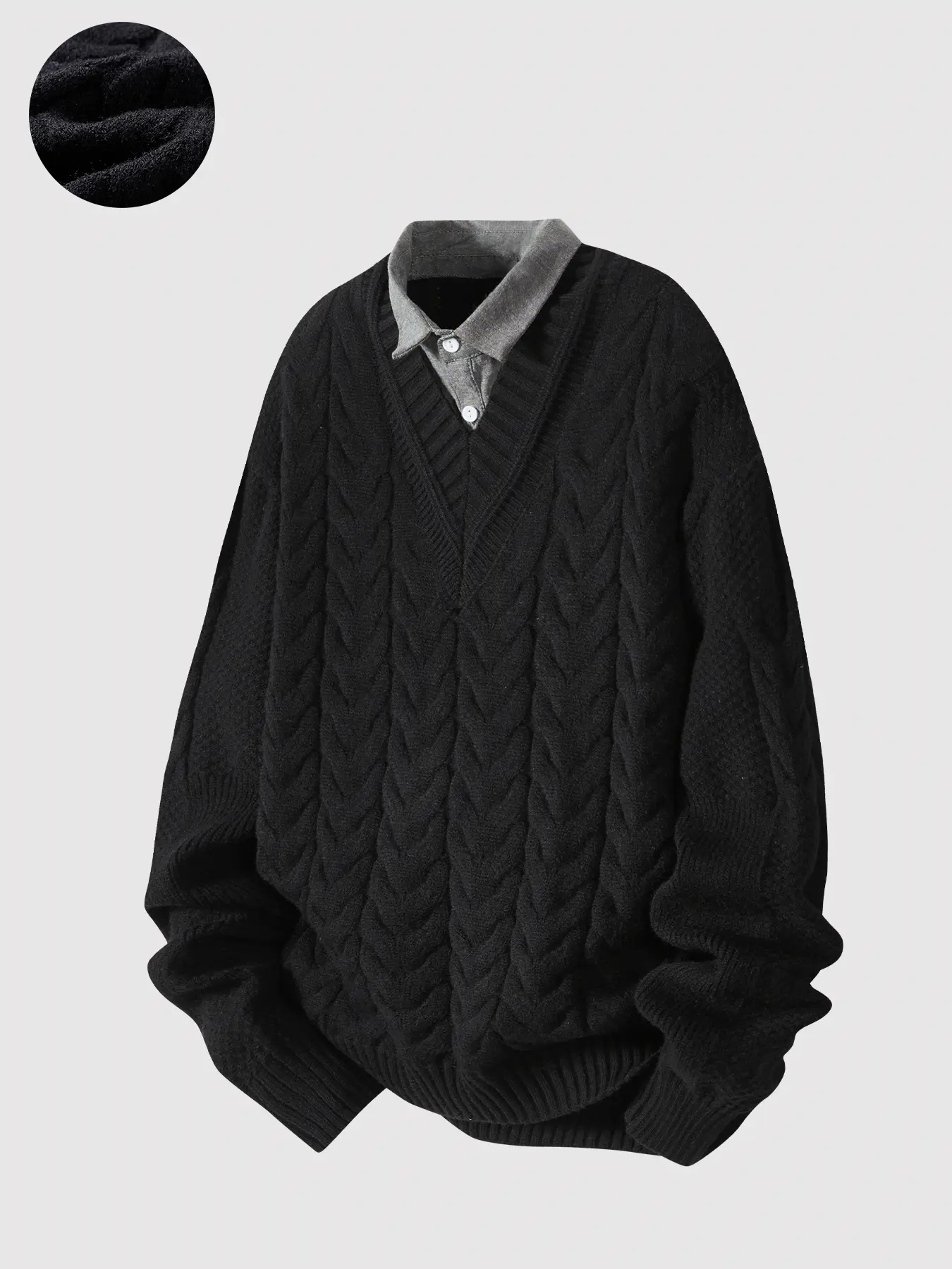 Oversized Cable Knit Sweater, Fake Two Piece Collared Pullover, V Neck Long Sleeve Loose Fit Jumper For Men Women