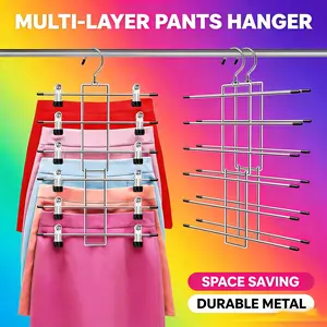 2 Pack 6-Tier Skirt Hangers with Clips, 360° Swivel Hook Metal & Plastic Pants Hangers, Space-Saving Closet Organizer for Skirts, Pants, Slacks & Trouser Storage