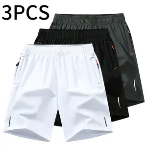 3-pack men’s athletic casual shorts—top choice for fitness; solid color, breathable, quick-drying design with zippered pockets and a drawstring waist — suitable for outdoor sports, running, and hiking