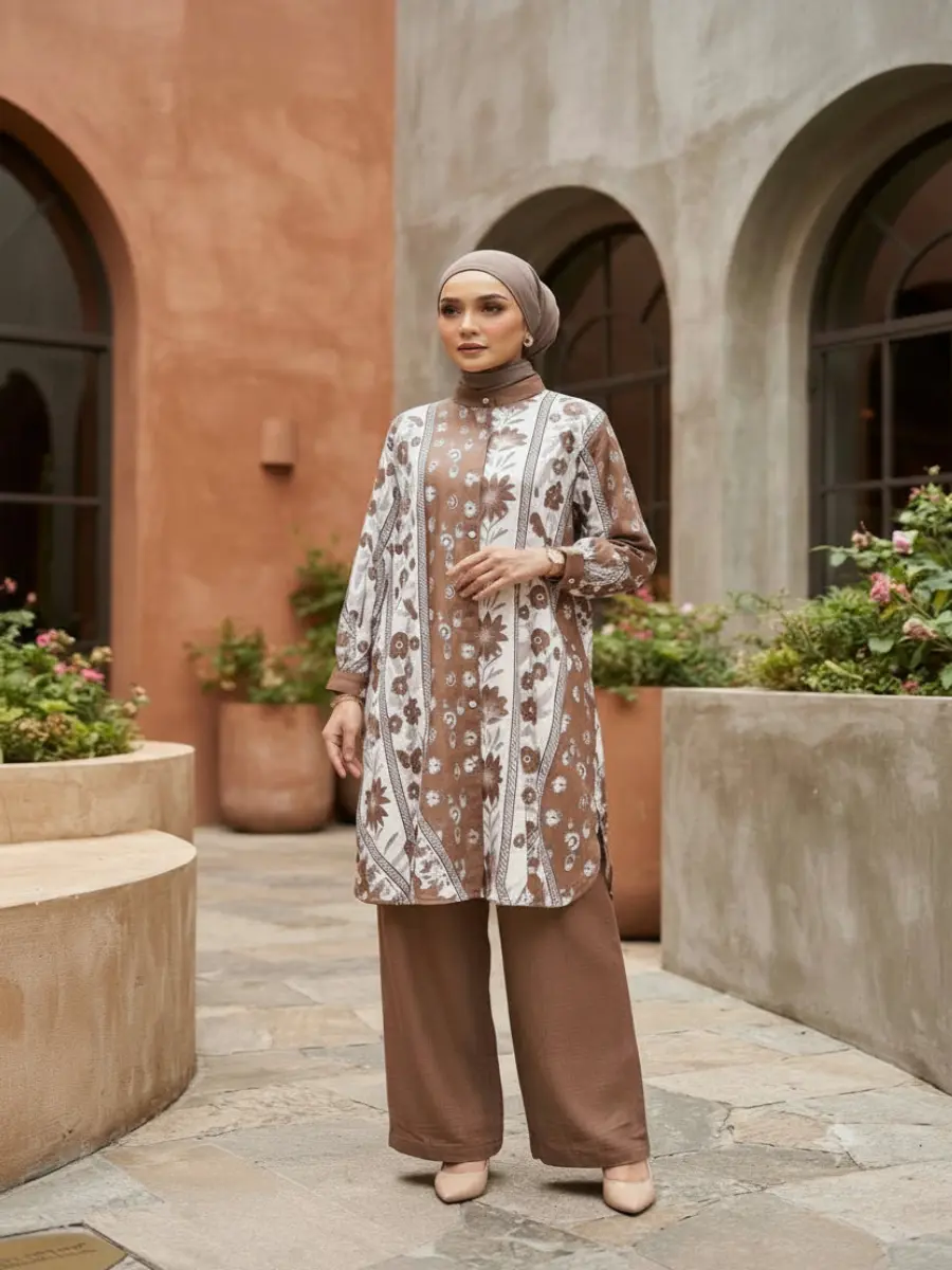 Women's Modest Cotton Linen 2 Piece Suit | Long Co-Ord Set Floral for Work & Casual Wear- Brown