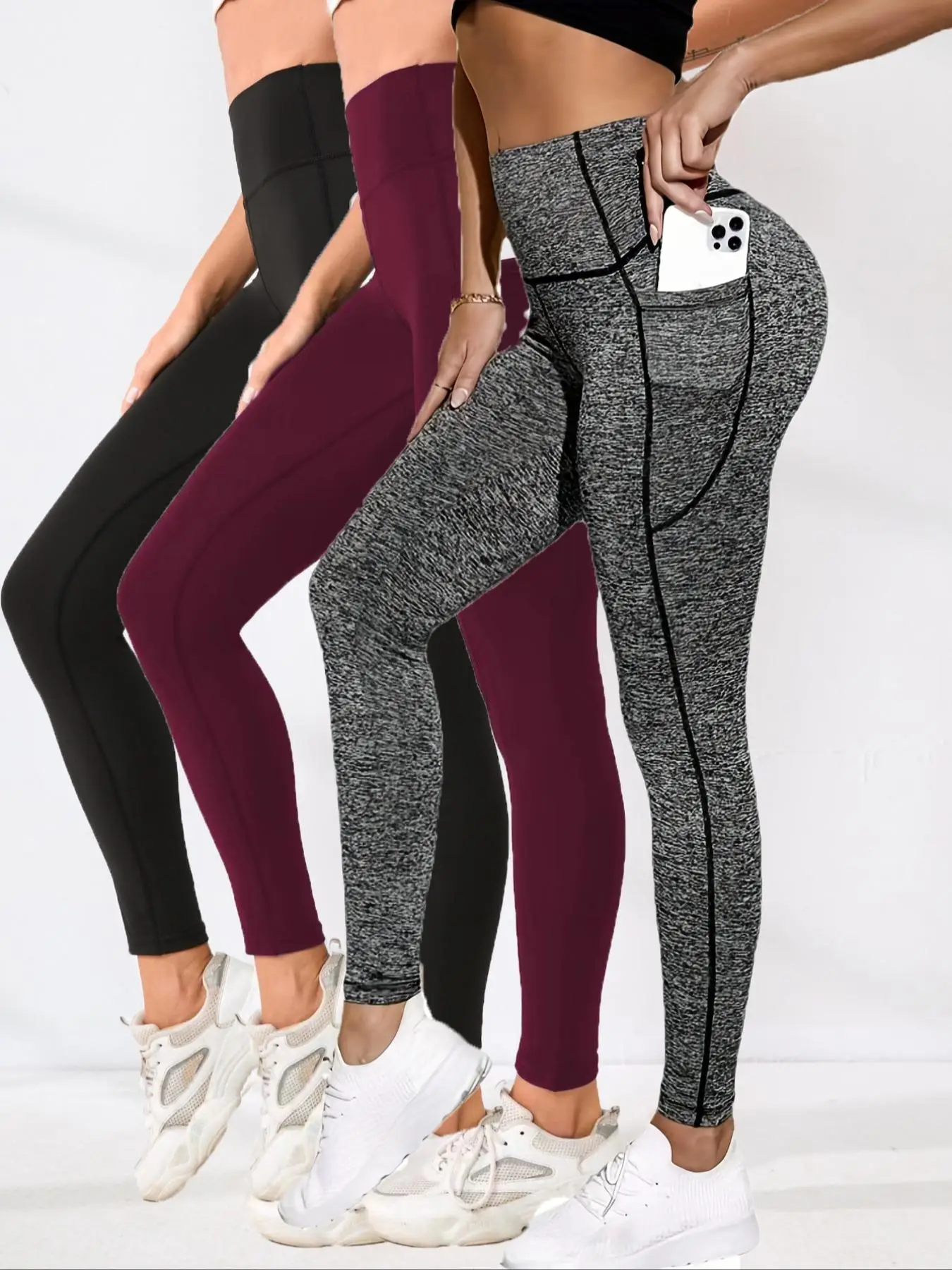Women's 3pcs High Waist Pocket Sports Leggings, Tight-fitting Seamless Yoga Leggings, Ladies Sportswear Clothing for Indoor Outdoor Wear, Tummy Contro
