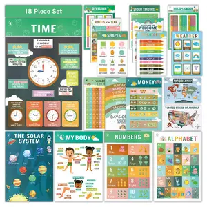 DeerSen 2025 Upgraded Educational Posters for Toddlers 1-3 16pcs Preschool Learning Kit Alphabet Numbers Colors Shapes Flat Ship Bright Colors Classroom Home