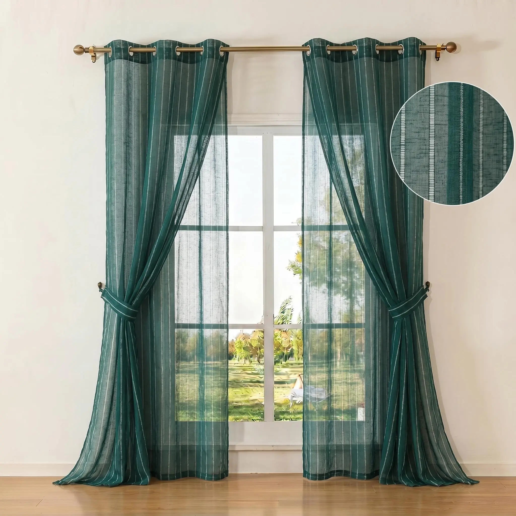 4 Pcs Bamboo Gauze Yarn Sheer Window Curtains, 34x84 in Grommet Top, Delicate Hollow-Out Stripe Polyester Flat Weave, Lightweight Solid Color, Hand Wash Only, Curtains for Bedroom Living Room Home Decor FT6662, Window Curtain