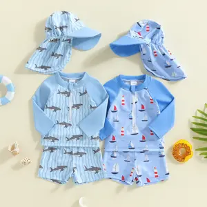[Lullaby] Baby Boy Rash Guard Swimsuits Long Sleeve Shark/Sailboat Print Bathing Suit Swimwear with Hat