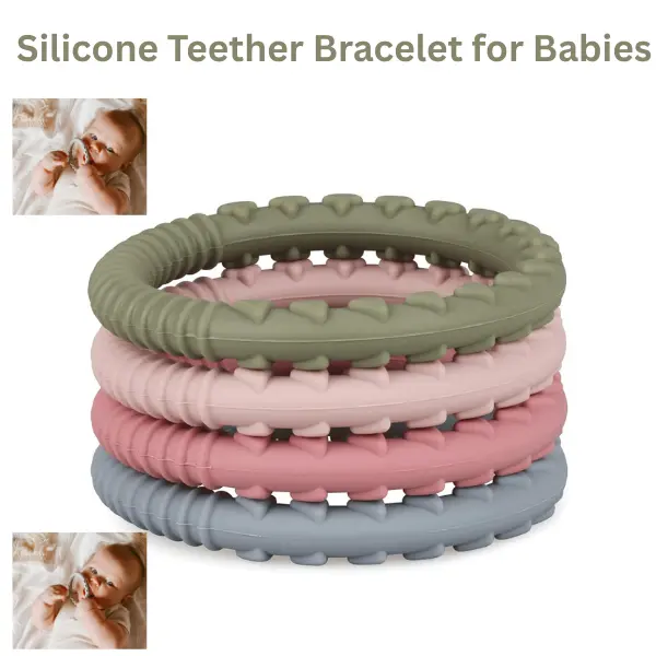 Silicone Teether Bracelet for Babies, BPA Free Food Grade Teething Rings with Textured Gum Relief