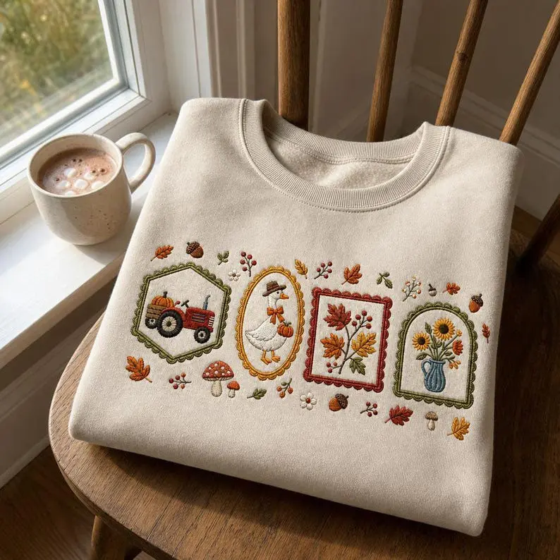 Embroidered Fall Sweatshirt, Cottagecore Autumn Crewneck, Goose Tractor Sunflower Frames