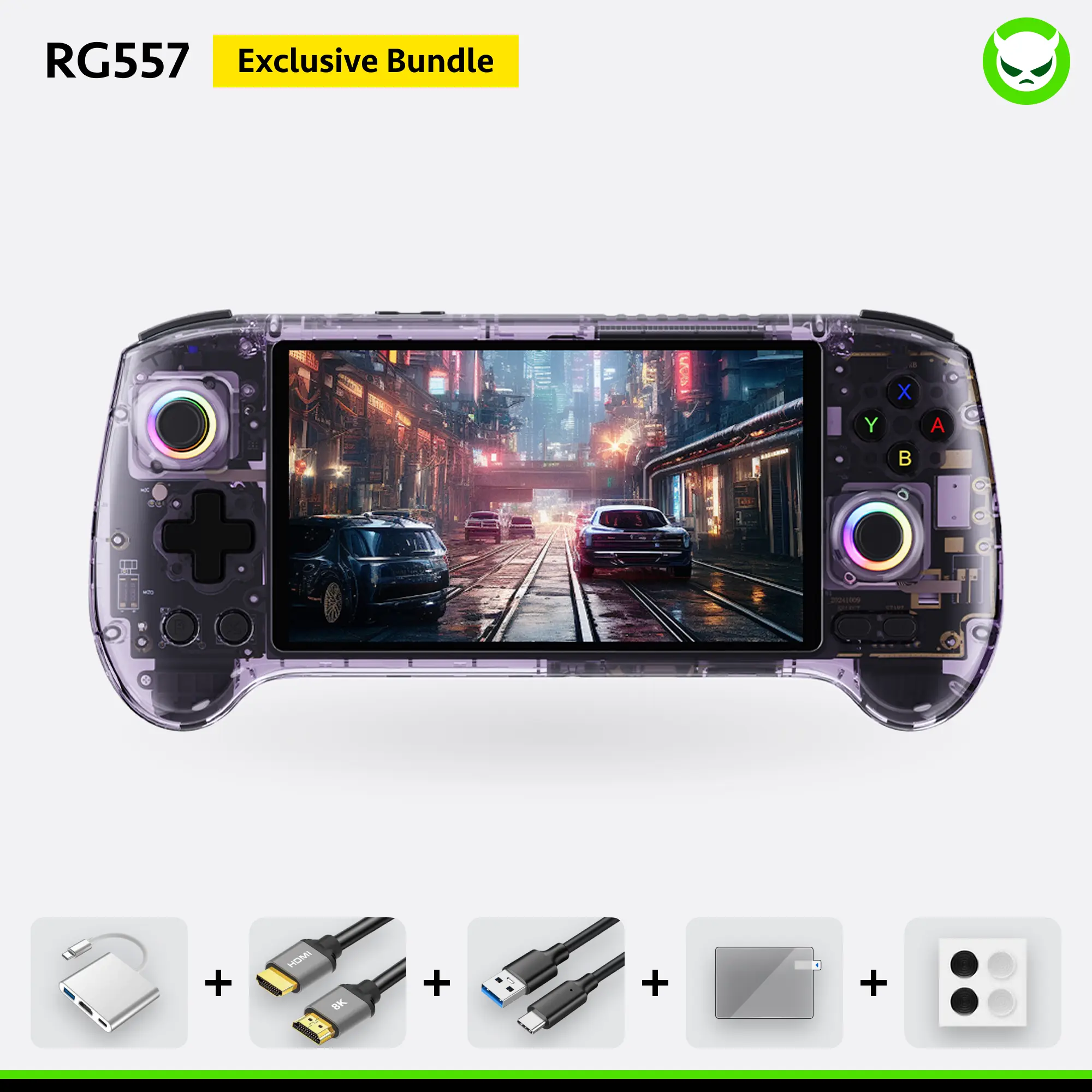 Anbernic RG557 Handheld Console【Buy 1 Get 1 HDMI Cable(8K)+1 Multi-Port Adapter+1 Type-C Cable+Joystick Cap*2 Pairs 】 Android 14 AMOLED Touch Screen 1080*1920 Dimensity 8300 Processor Octa-core CPU Six-axis Gyroscope Sensor Ready to Use Gift Package