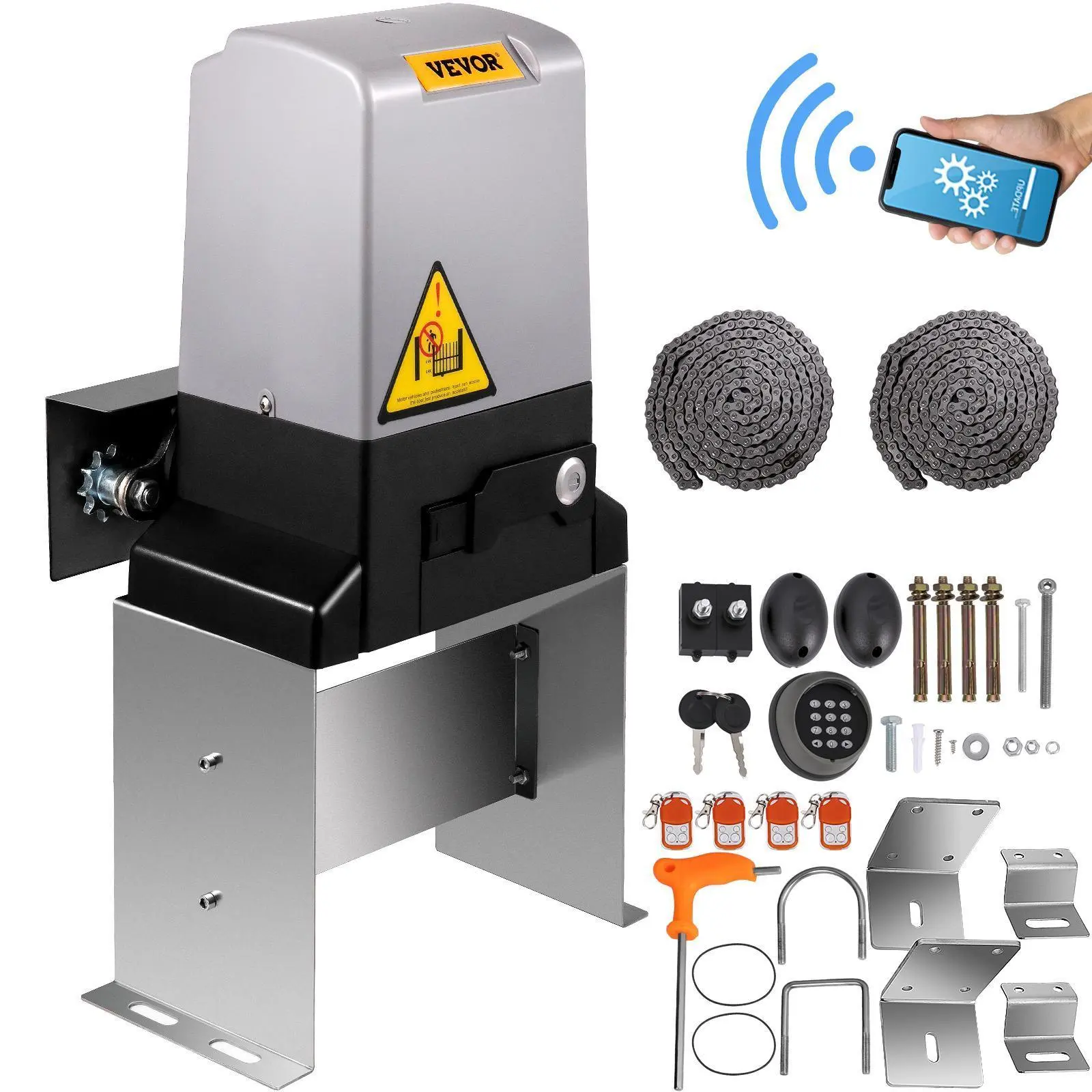 【SummerFinds】VEVOR 1HP 750W Waterproof Automatic Sliding Gate Opener, 3300 lbs Capacity, 4 Remote Controls, APP Control, Manual Backup, AC Power Supply, Corrosion & Rust-Resistant, Alarms Compatible with Solar Panels, Chain Gate Opener, Driveway Gates