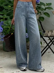 Women's 2026 New Fashion Trendy Denim Button Fly Jeans Pants Bottom Fit, Young Rhinestone Design, Button Wide Leg Casual Pairing, Everyday Elegant Style Long Trousers Womenswear