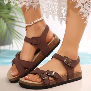 Women's Slip-On Sandals Comfortable Strappy Sandals With Adjustable Buckles Cork Footbed For Summer Beach