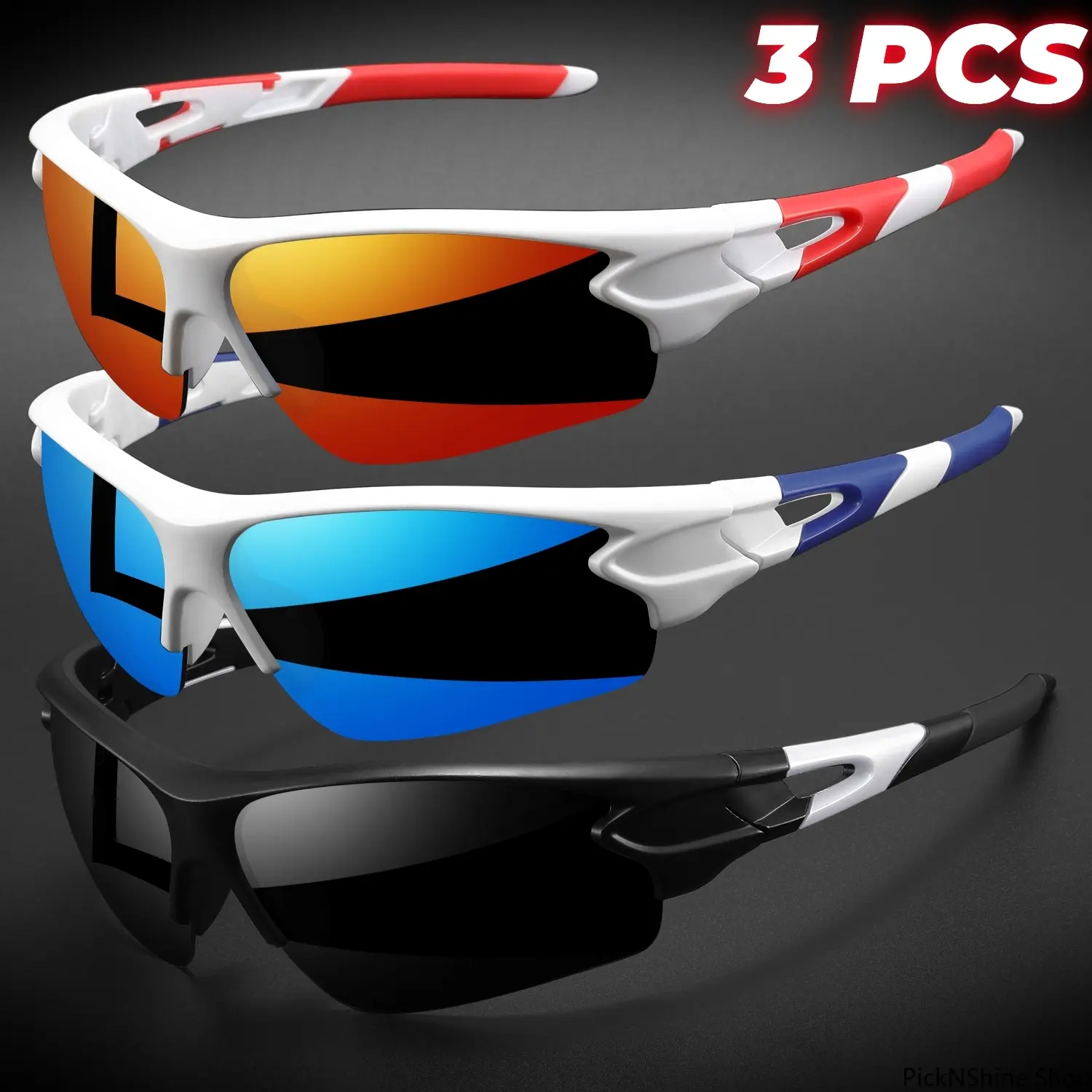 Sports Sunglasses 3-Pack, Unisex Semi-Rimless Wraparound Sports Frame with Lightweight Anti-Fog UV400 Lenses for Cycling & Hiking, Anti-Fog Lens