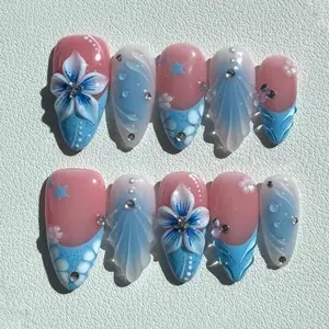 Mermaidcore Press On Nails With 3D Seashell Blue Flower And Water Drop Dreamy Beach