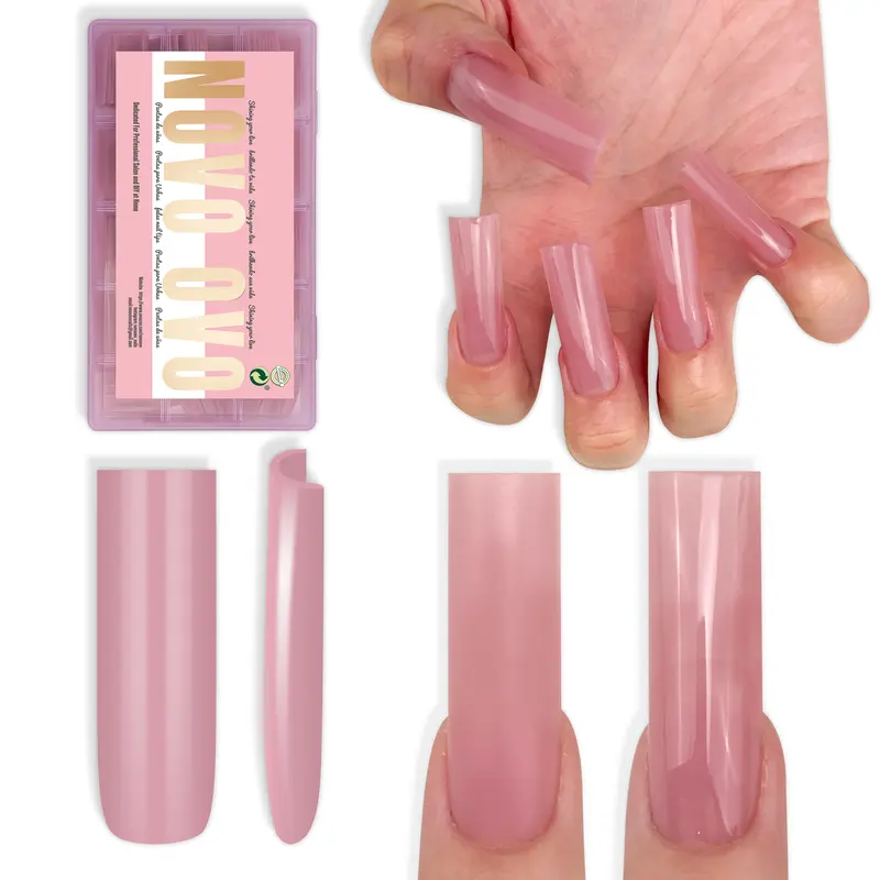 NOVO OVO Press on Nail Sets - 180 Pcs Long Sharp Square Pure Berry Pink Soft Matte Full Cover Gel Tip Extensions, 15 Sizes, Compatible with Nail Polish, Easy to Apply, Accessories Included (Requires Builder Gel, Top Coat, Glue for Salon DIY)