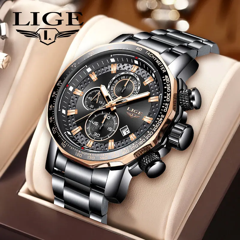 LIGE Men's Casual Quartz Watch - Analog, Round Face, Mineral Glass, Metal Clasp, Multi-Functional Chronograph, Luminous, Shock Resistant, Running Seconds Timing, Daily Wear Waterproof Sport Timepiece with Tachymeter