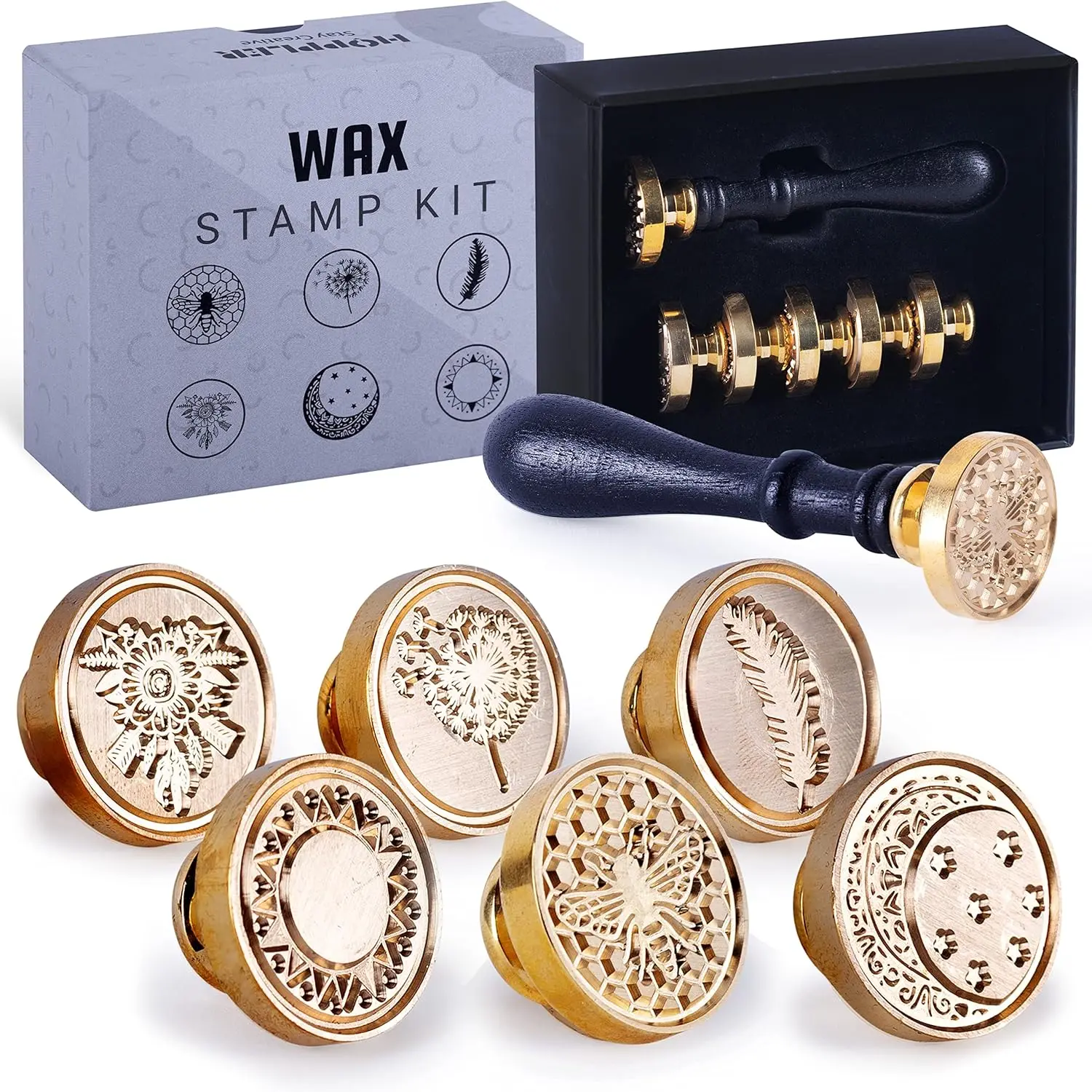 Hoppler Wax Seal Kit - 6 PCS Wax Seal Stamp Heads, 1 PC Wood Handle for Letter Sealing with Various Patterns for Gift Box Sealing Floral Stickers Personalized Labels